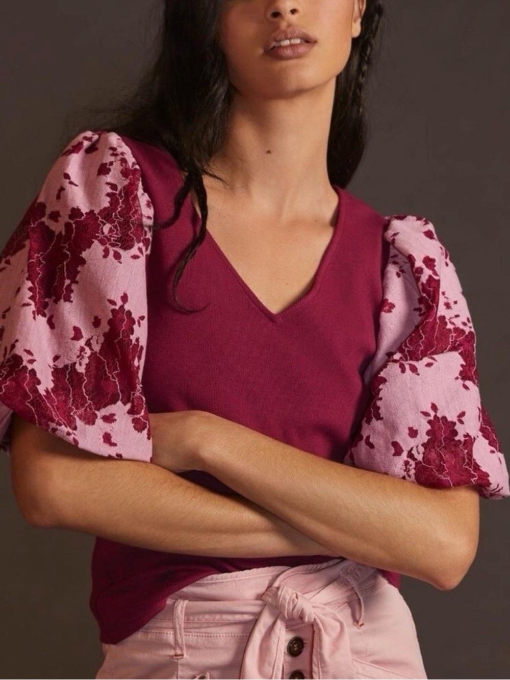 Anthropologie Dolan Burgundy Lace Sleeve Blouse
